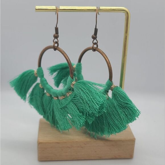 Green Boho Fringe Tassel Hoop Fan Dangle Drop Earrings Tribal Native Jewelry New - Picture 5 of 7
